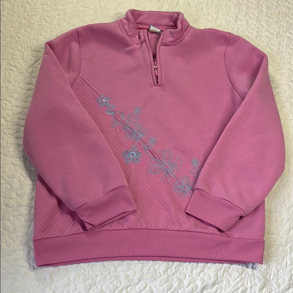 Comfort Corner Pink Floral Embroidered Pullover Quarter Zip Sweater size large